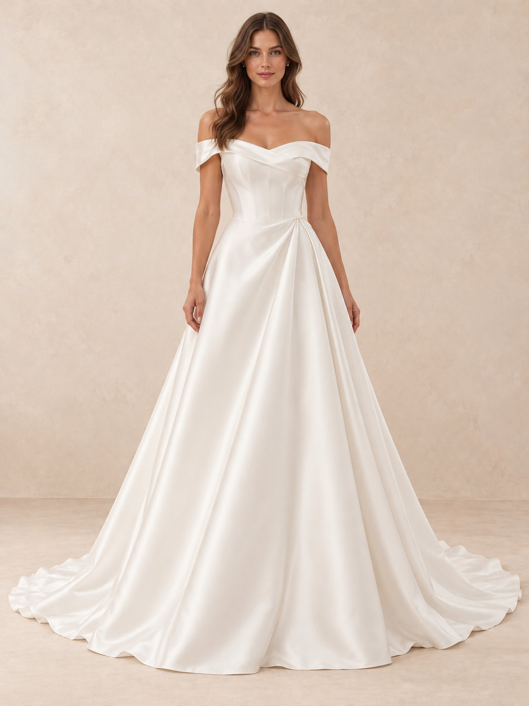 Off-the-Shoulder Satin A-Line Wedding Dress With Button Back