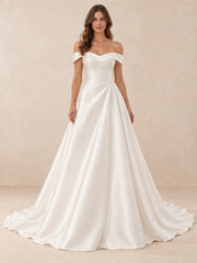 Off-the-Shoulder Satin A-Line Wedding Dress With Button Back
