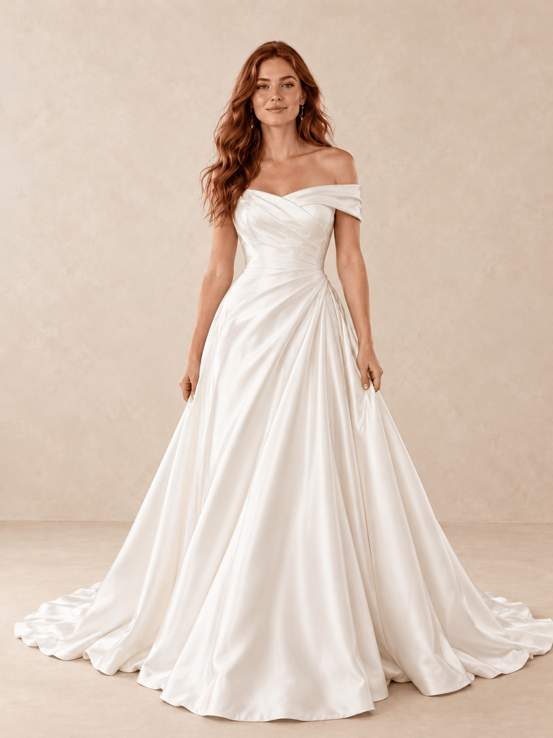 Off-the-Shoulder Satin A-Line Wedding Dress with Draped Bodice