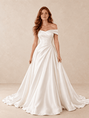 Off-the-Shoulder Satin A-Line Wedding Dress with Draped Bodice