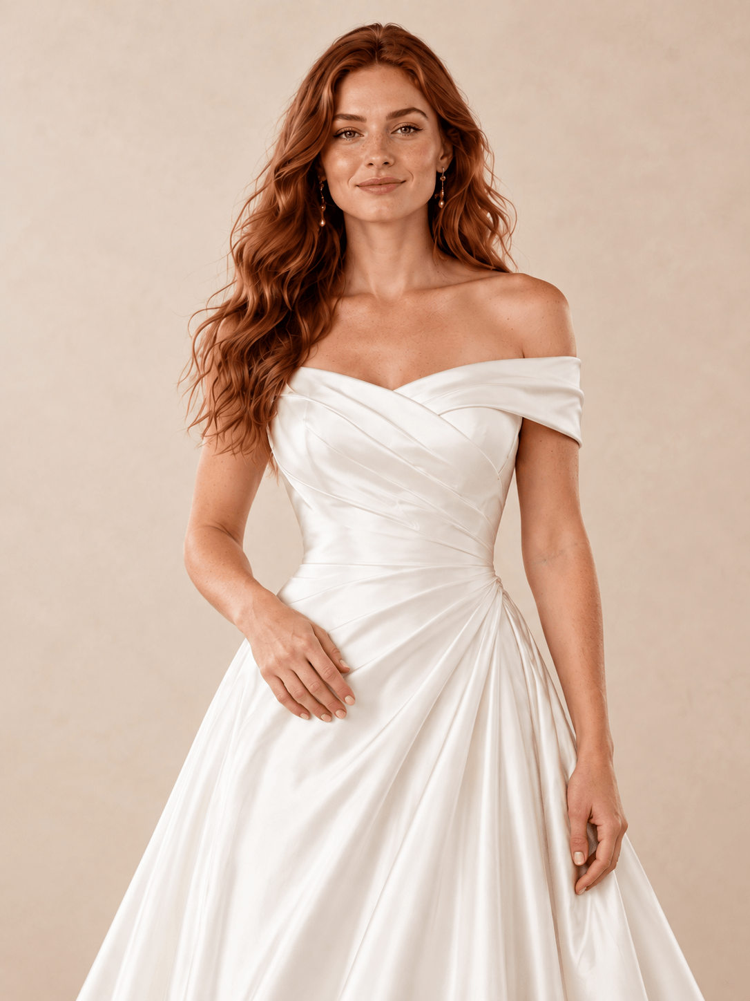 Off-the-Shoulder Satin A-Line Wedding Dress with Draped Bodice