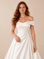 Off-the-Shoulder Satin A-Line Wedding Dress with Draped Bodice