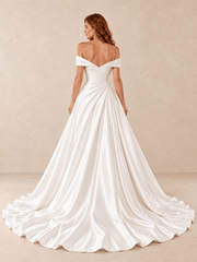 Off-the-Shoulder Satin A-Line Wedding Dress with Draped Bodice
