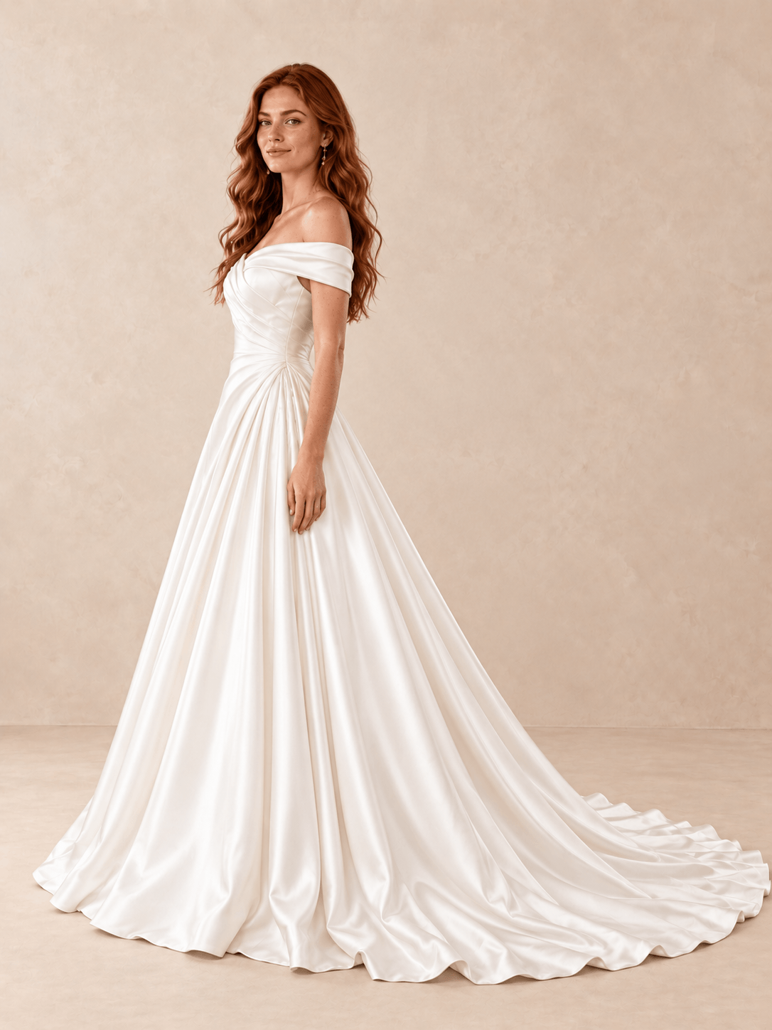 Off-the-Shoulder Satin A-Line Wedding Dress with Draped Bodice