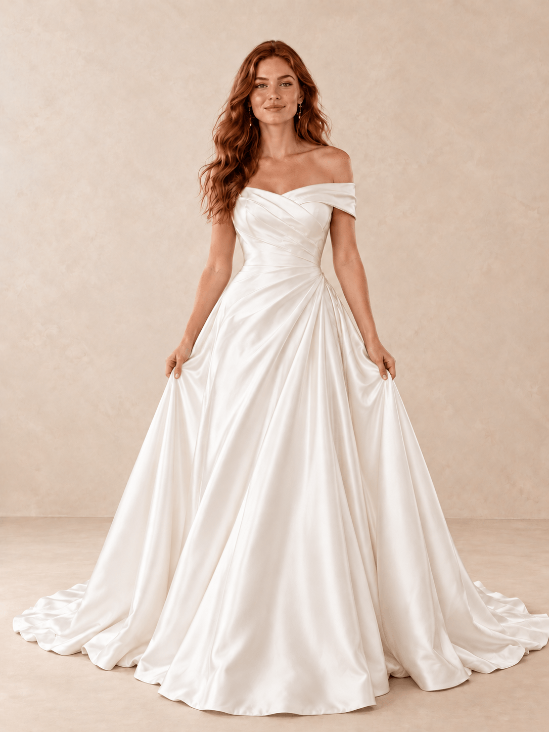 Off-the-Shoulder Satin A-Line Wedding Dress with Draped Bodice