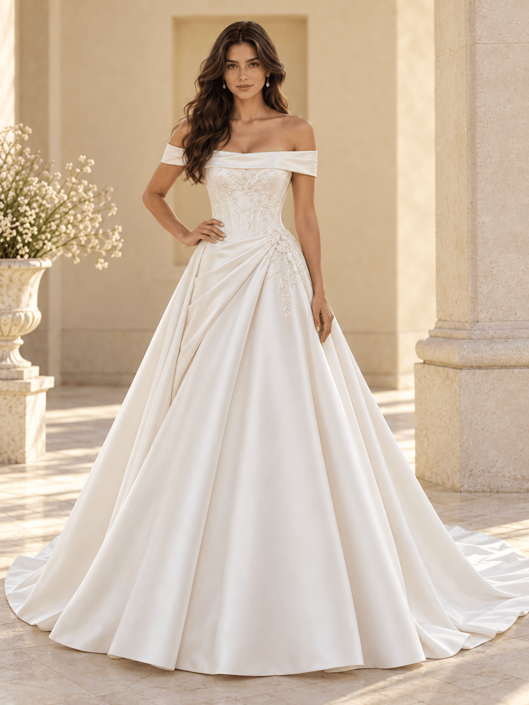 White Satin A-Line Off-the-Shoulder Wedding Dress With Lace Appliqués