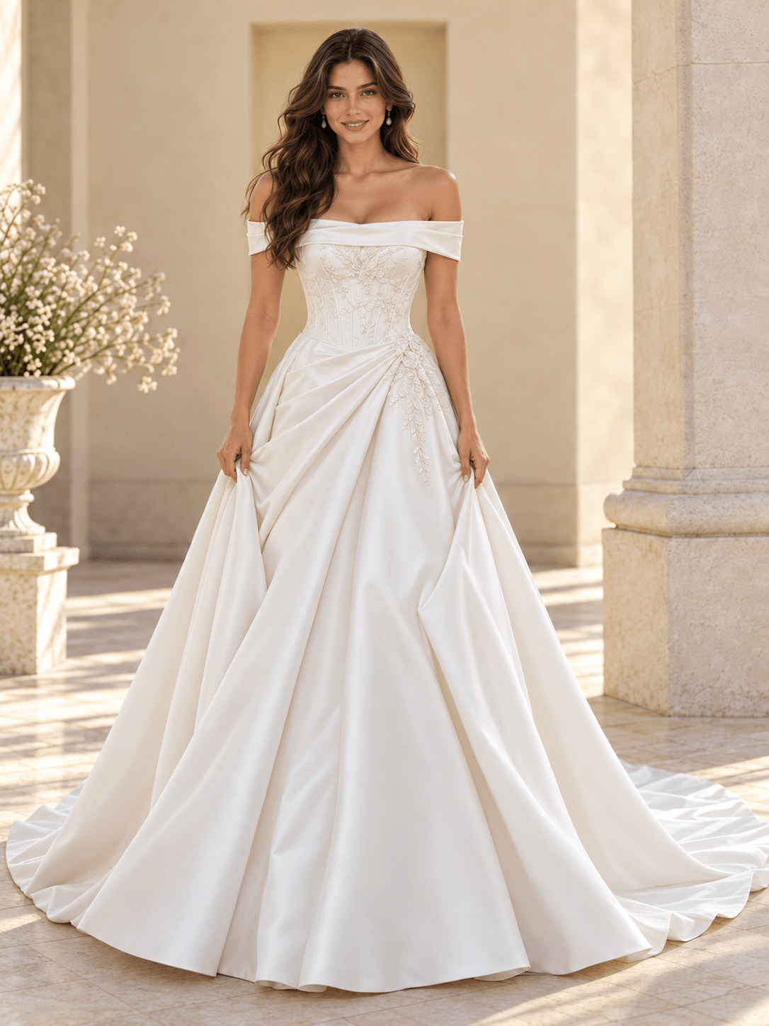 White Satin A-Line Off-the-Shoulder Wedding Dress With Lace Appliqués