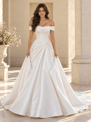 White Satin A-Line Off-the-Shoulder Wedding Dress With Lace Appliqués