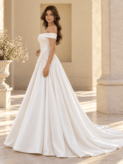 White Satin A-Line Off-the-Shoulder Wedding Dress With Lace Appliqués
