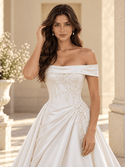 White Satin A-Line Off-the-Shoulder Wedding Dress With Lace Appliqués