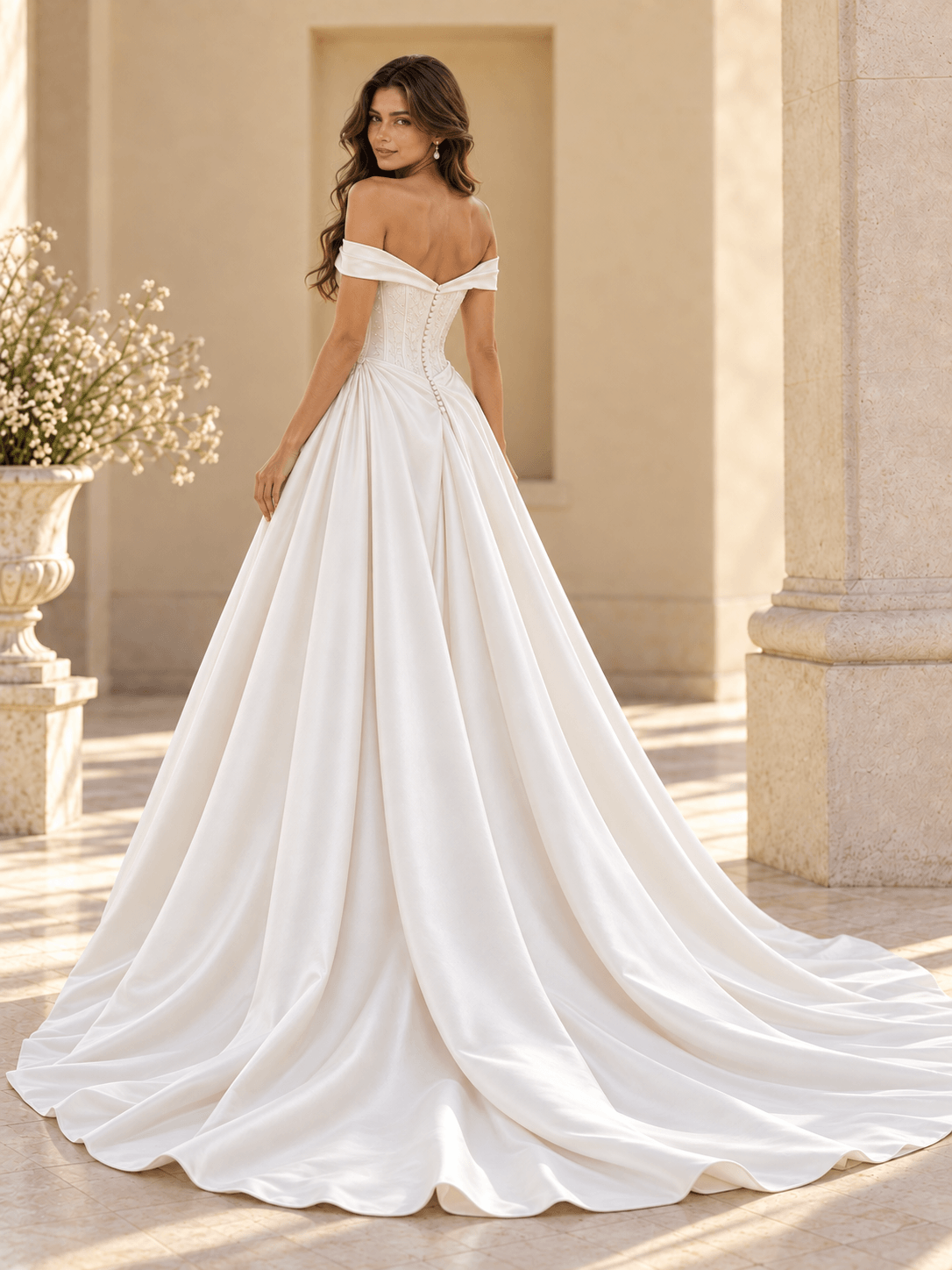 White Satin A-Line Off-the-Shoulder Wedding Dress With Lace Appliqués