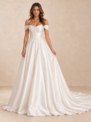 Off-the-Shoulder Satin A-Line Wedding Dress with Long Train