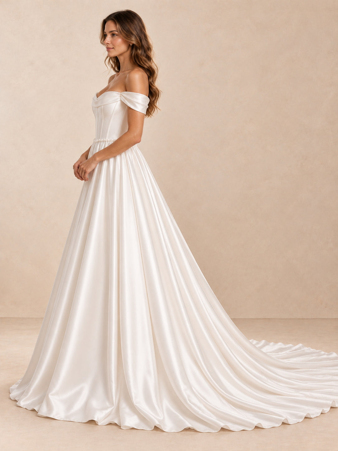Off-the-Shoulder Satin A-Line Wedding Dress with Long Train