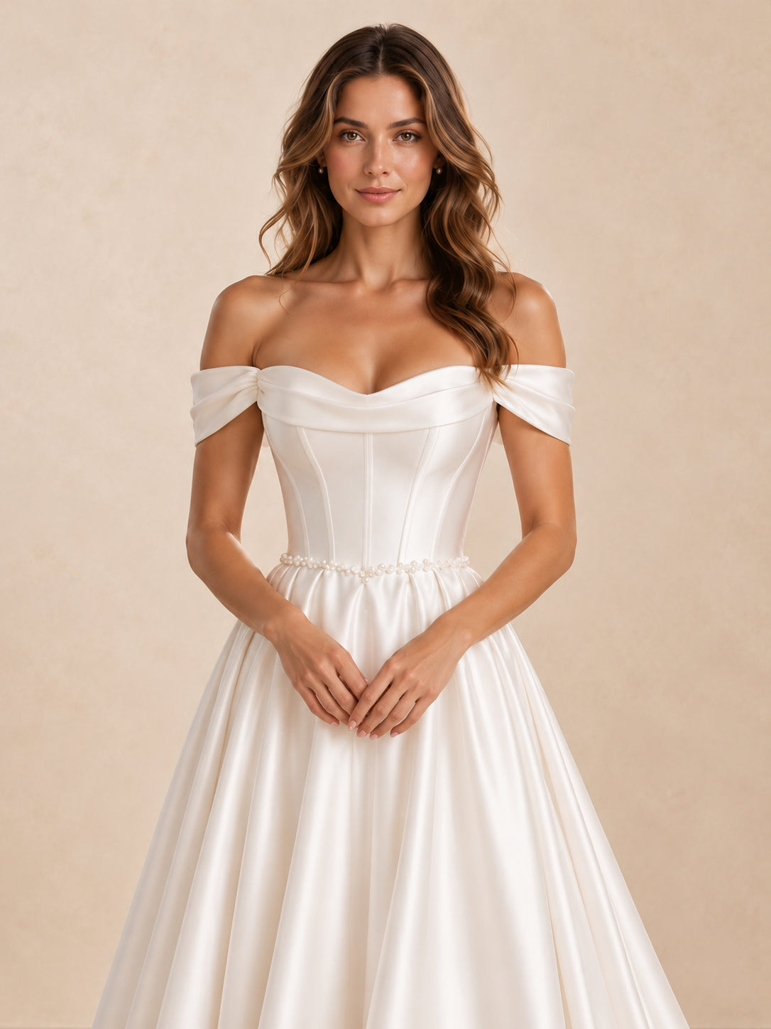 Off-the-Shoulder Satin A-Line Wedding Dress with Long Train