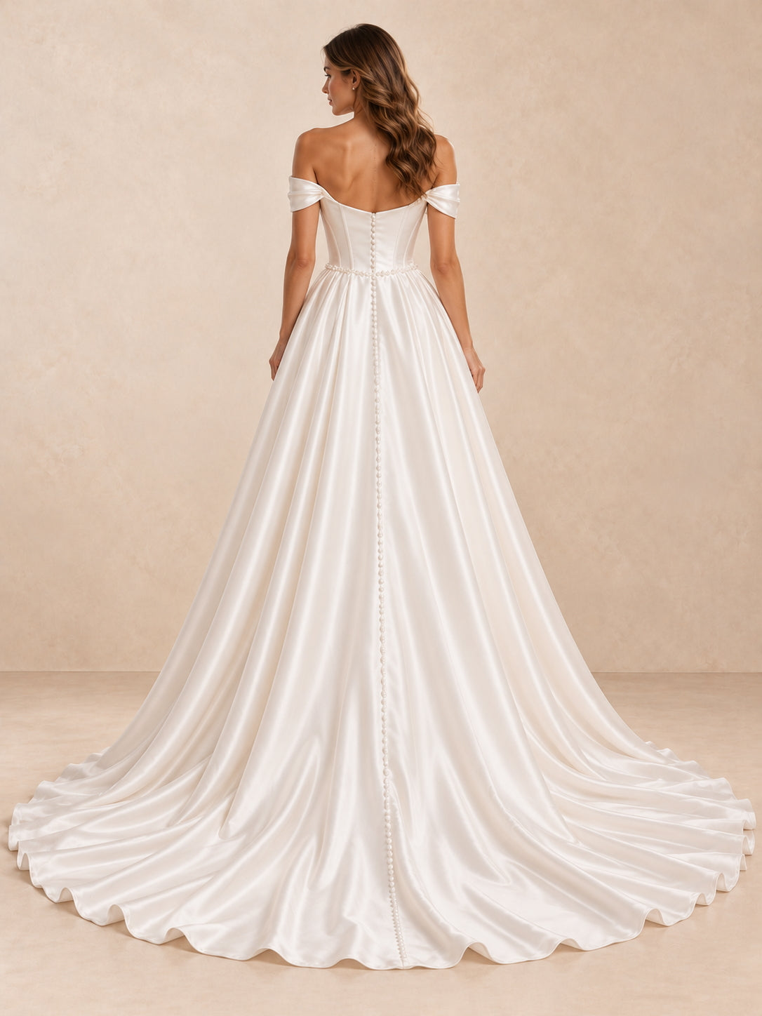 Off-the-Shoulder Satin A-Line Wedding Dress with Long Train
