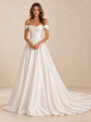 Off-the-Shoulder Satin A-Line Wedding Dress with Long Train