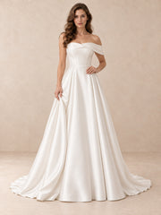 Off-the-Shoulder Satin A-Line Wedding Dress with Pearl Accents