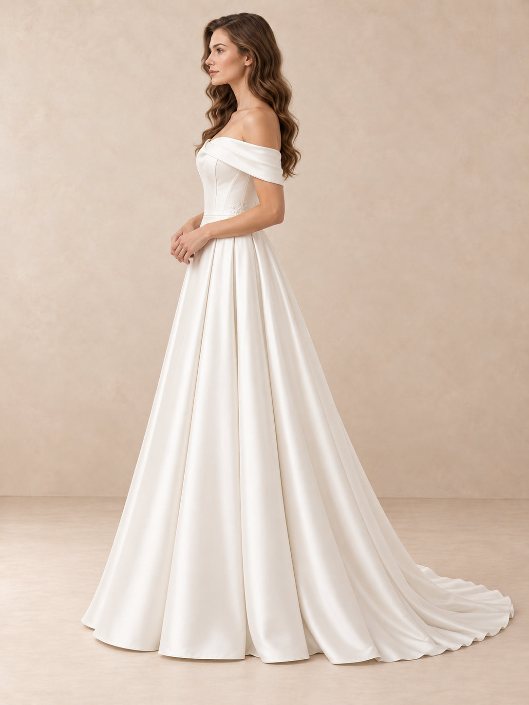 Off-the-Shoulder Satin A-Line Wedding Dress with Pearl Accents