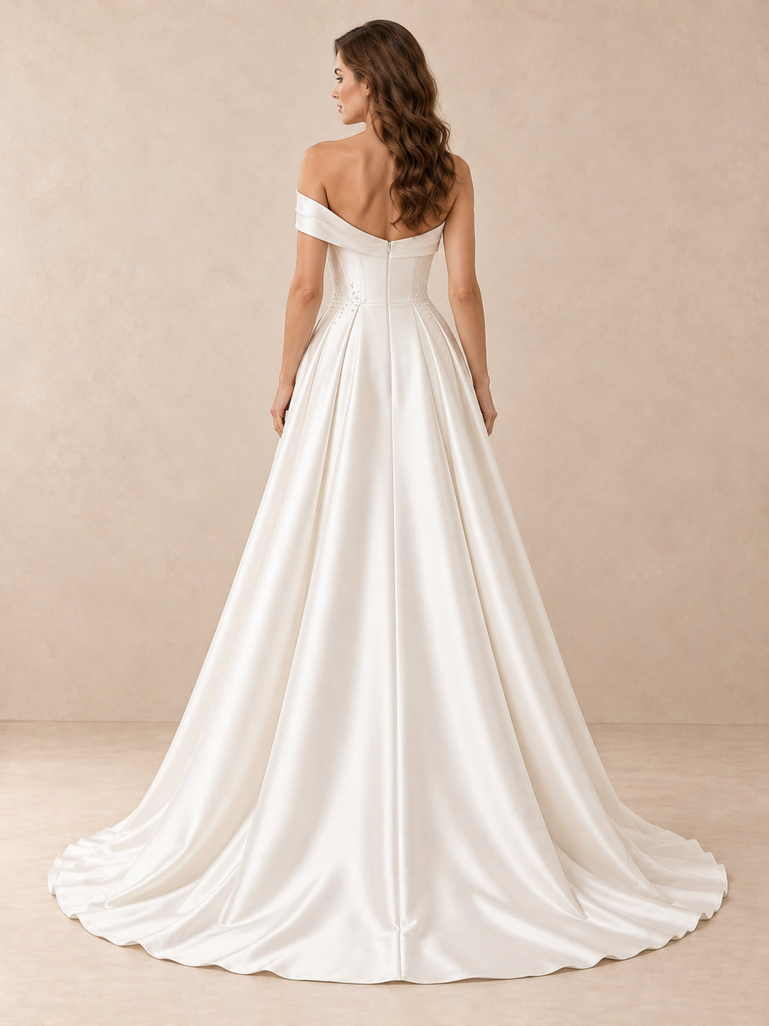 Off-the-Shoulder Satin A-Line Wedding Dress with Pearl Accents