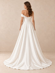 Off-the-Shoulder Satin A-Line Wedding Dress with Pearl Accents
