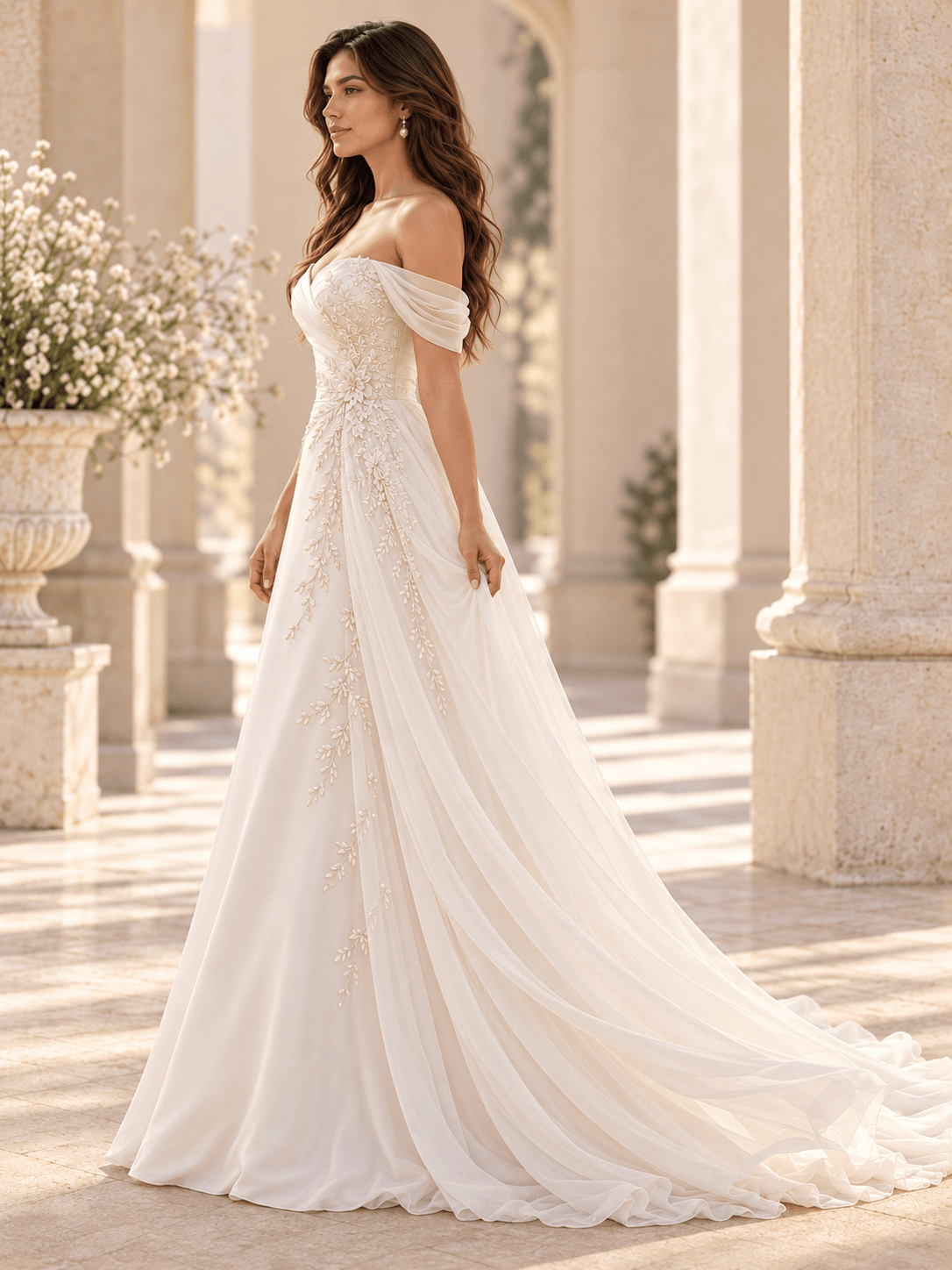 Off-the-Shoulder Satin A-Line Wedding Dress with Pearl Vine Appliqués
