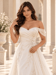 Off-the-Shoulder Satin A-Line Wedding Dress with Pearl Vine Appliqués