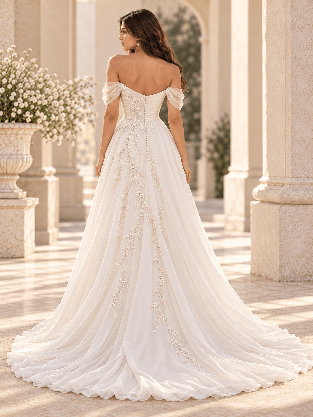 Off-the-Shoulder Satin A-Line Wedding Dress with Pearl Vine Appliqués