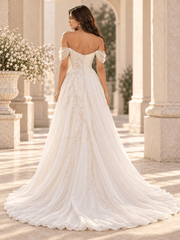 Off-the-Shoulder Satin A-Line Wedding Dress with Pearl Vine Appliqués