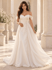 Off-the-Shoulder Satin A-Line Wedding Dress with Pearl Vine Appliqués