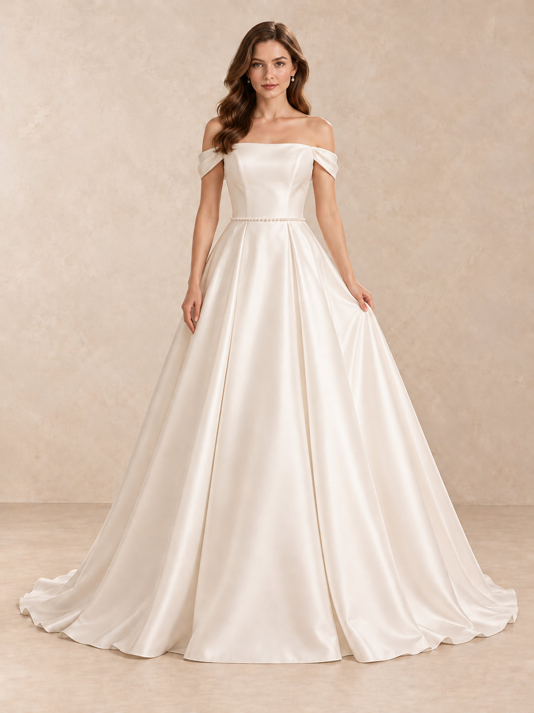 Off-the-Shoulder Satin A-Line Wedding Dress with Pearl Waist