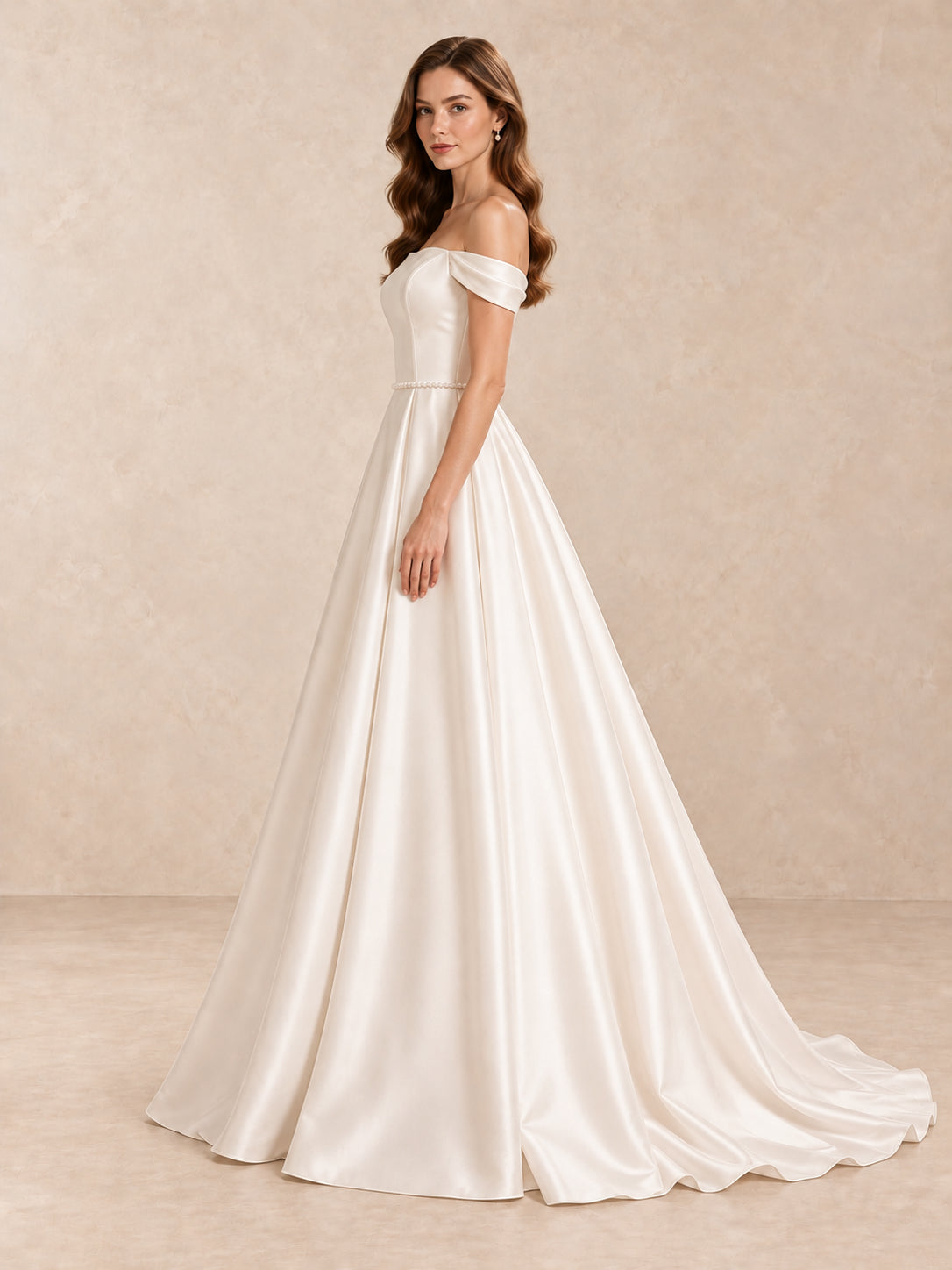 Off-the-Shoulder Satin A-Line Wedding Dress with Pearl Waist