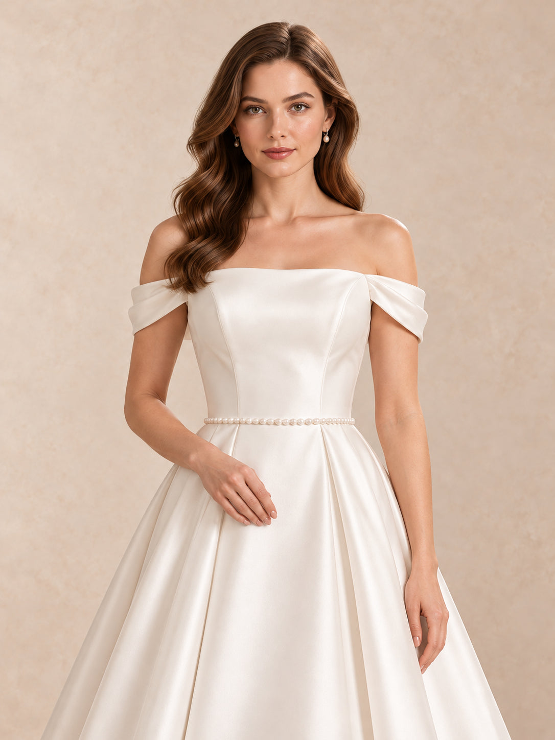 Off-the-Shoulder Satin A-Line Wedding Dress with Pearl Waist