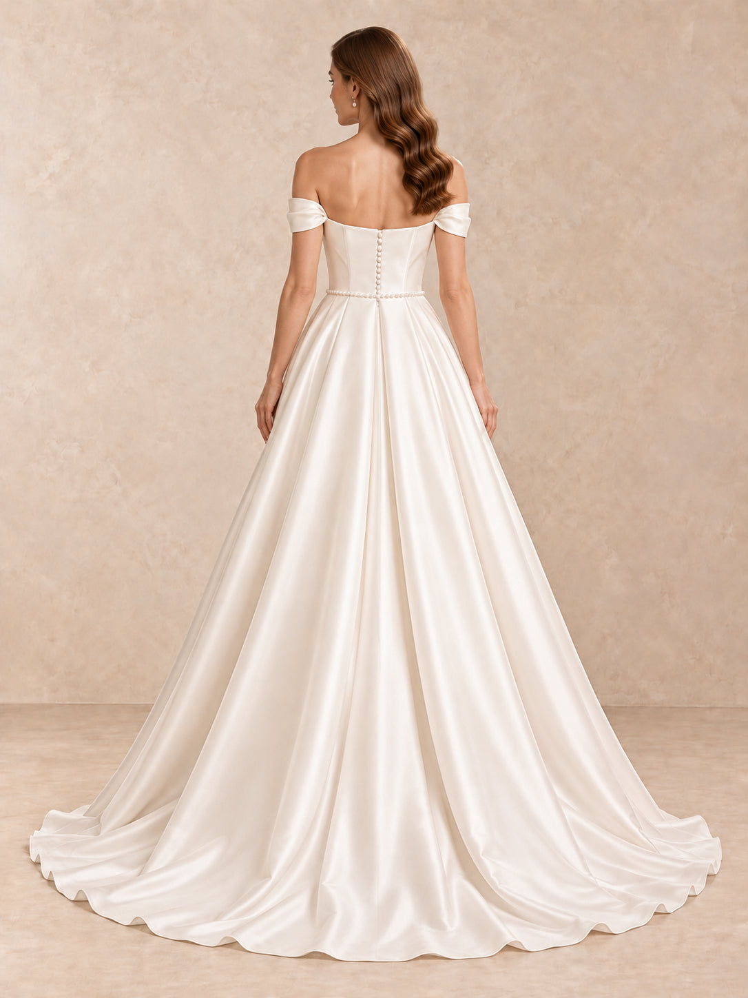 Off-the-Shoulder Satin A-Line Wedding Dress with Pearl Waist