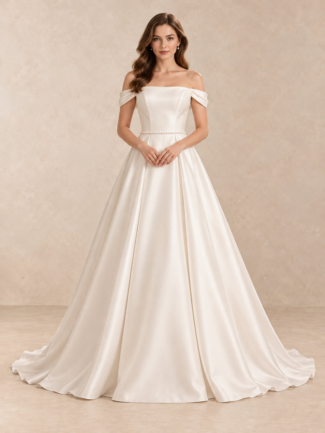 Off-the-Shoulder Satin A-Line Wedding Dress with Pearl Waist