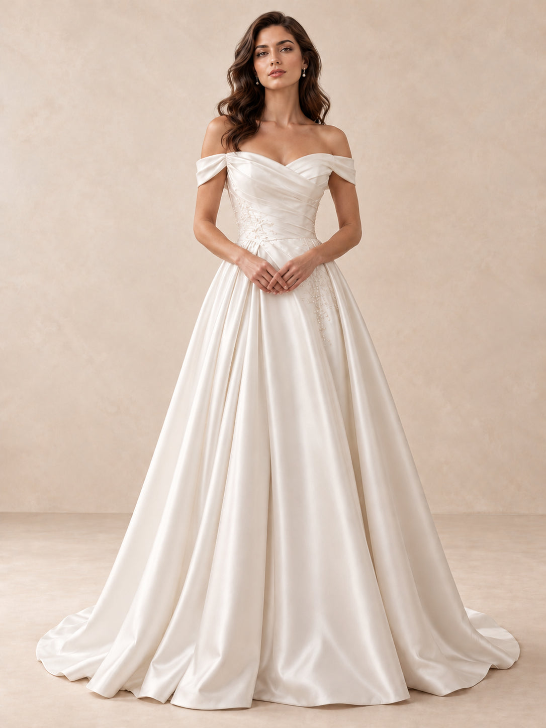 Off-the-Shoulder Satin A-Line Wedding Dress with Subtle Embroidery