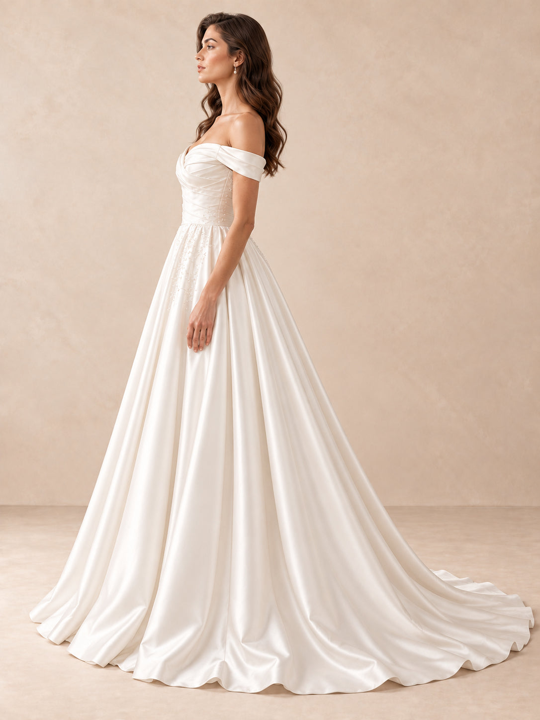 Off-the-Shoulder Satin A-Line Wedding Dress with Subtle Embroidery