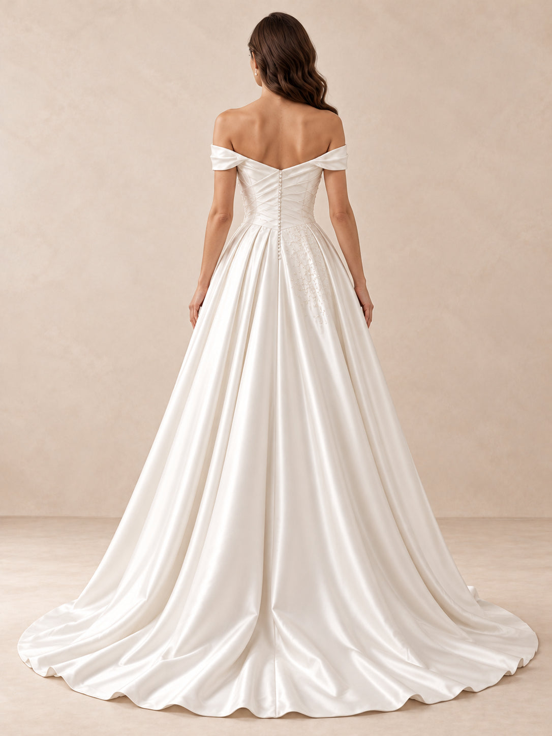 Off-the-Shoulder Satin A-Line Wedding Dress with Subtle Embroidery