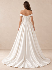 Off-the-Shoulder Satin A-Line Wedding Dress with Subtle Embroidery