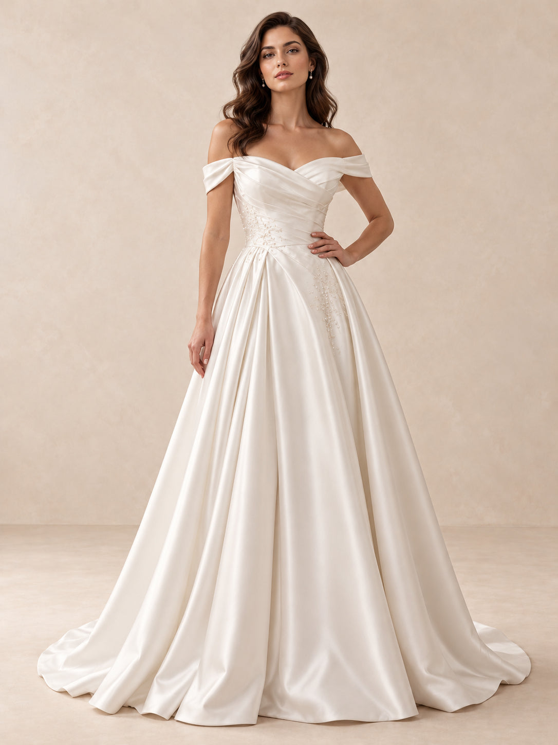 Off-the-Shoulder Satin A-Line Wedding Dress with Subtle Embroidery