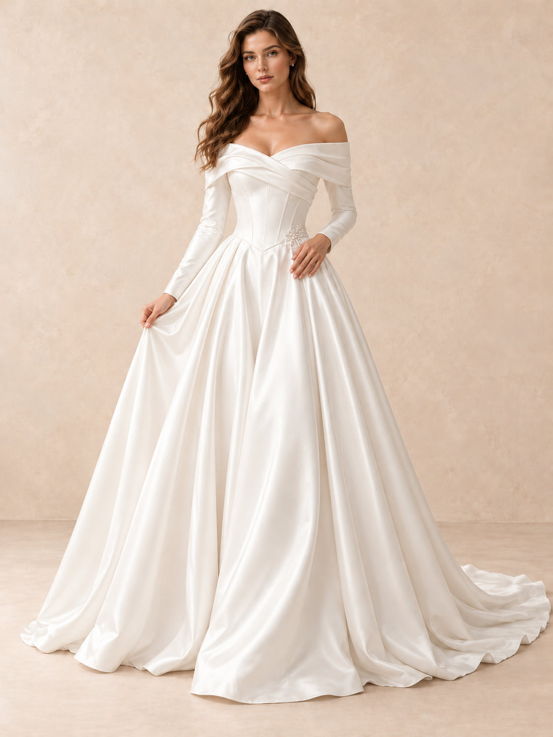 Off-the-Shoulder Satin Ball Gown Wedding Dress With Crystal Accents