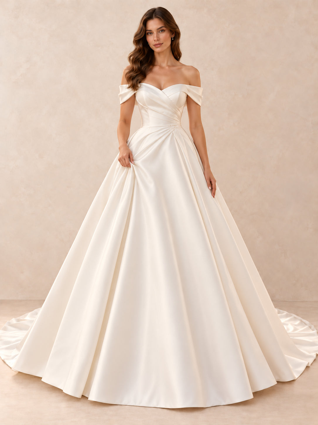 Off-the-Shoulder Satin Ball Gown Wedding Dress With Pearl Accents