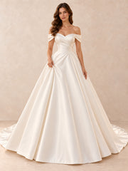 Off-the-Shoulder Satin Ball Gown Wedding Dress With Pearl Accents