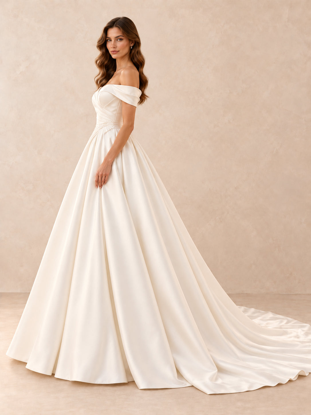 Off-the-Shoulder Satin Ball Gown Wedding Dress With Pearl Accents