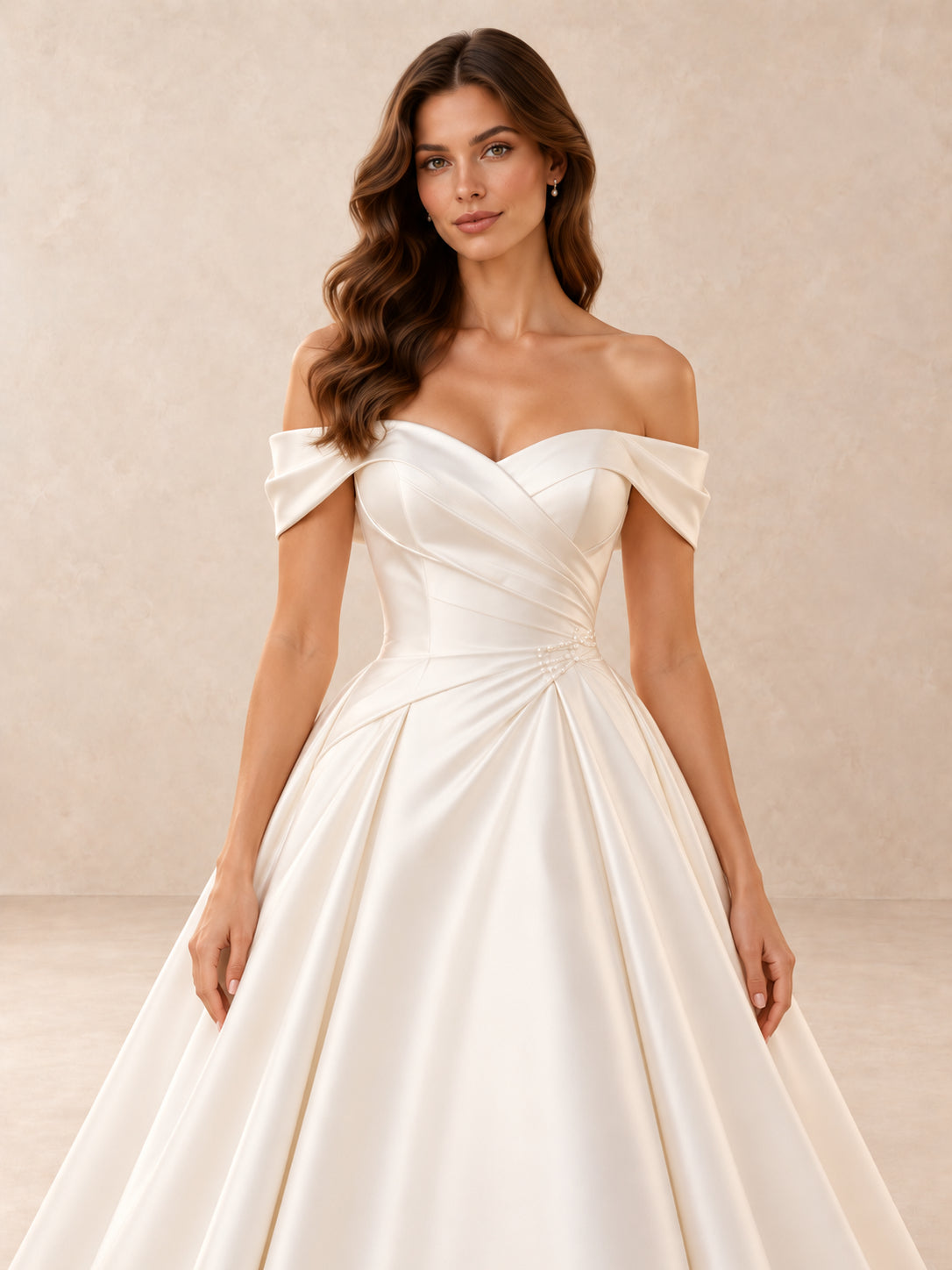 Off-the-Shoulder Satin Ball Gown Wedding Dress With Pearl Accents