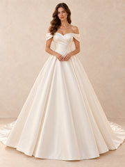 Off-the-Shoulder Satin Ball Gown Wedding Dress With Pearl Accents