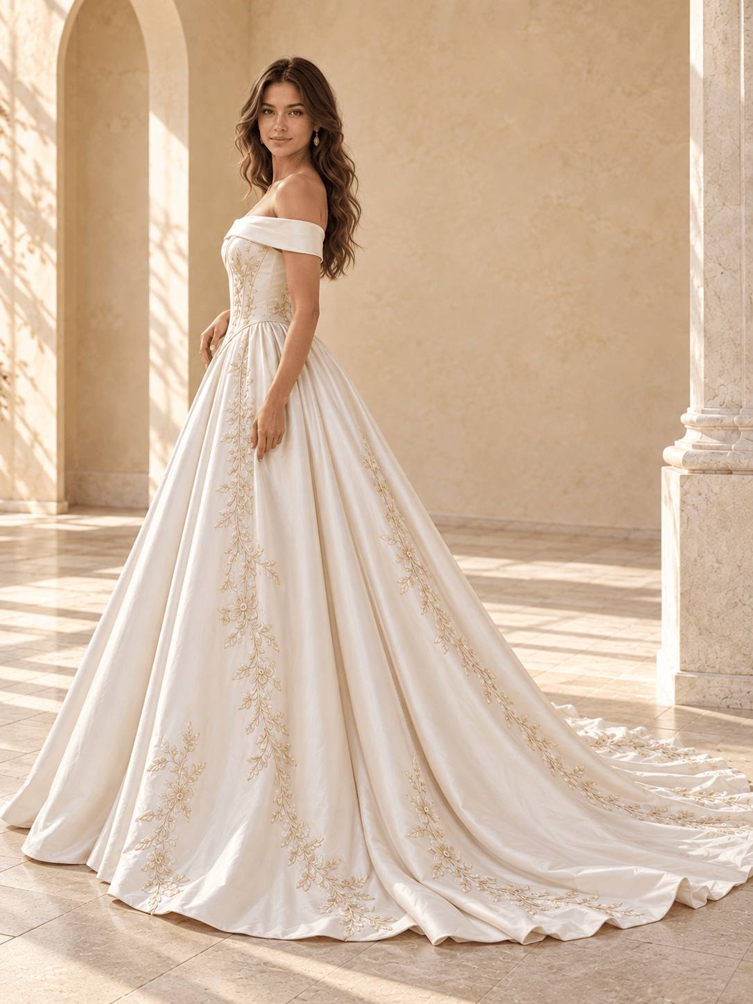 Off-the-Shoulder Satin Ball Gown Wedding Dress with Basque Waist & Lace Appliqués