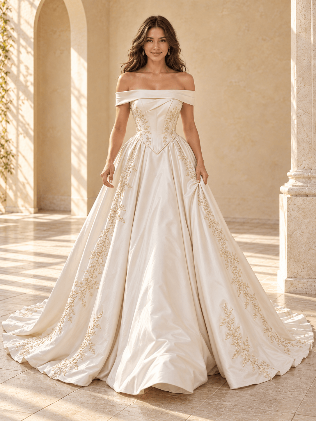 Off-the-Shoulder Satin Ball Gown Wedding Dress with Basque Waist & Lace Appliqués