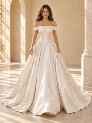 Off-the-Shoulder Satin Ball Gown Wedding Dress with Basque Waist & Lace Appliqués