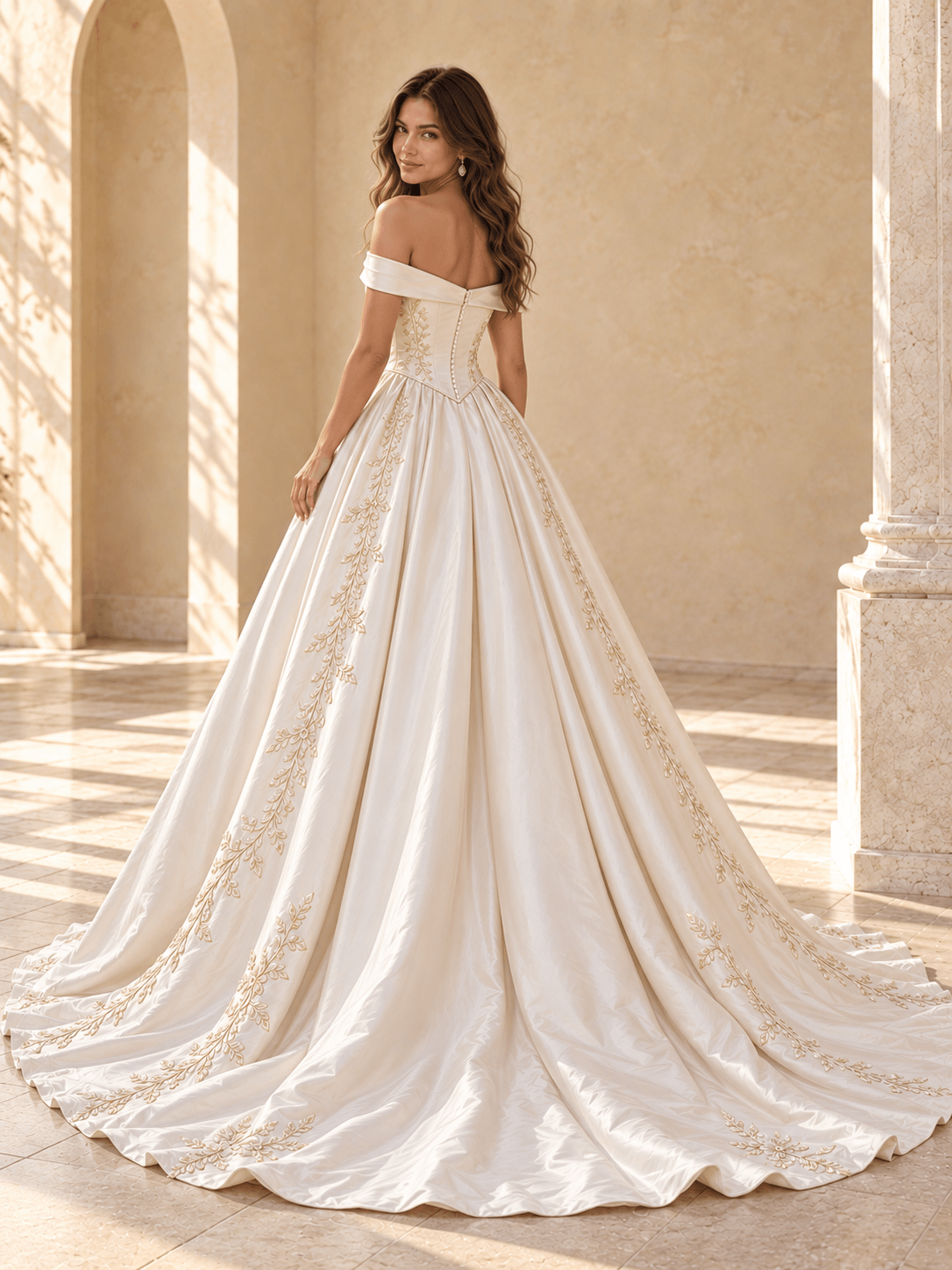 Off-the-Shoulder Satin Ball Gown Wedding Dress with Basque Waist & Lace Appliqués