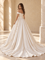 Off-the-Shoulder Satin Ball Gown Wedding Dress with Basque Waist & Lace Appliqués